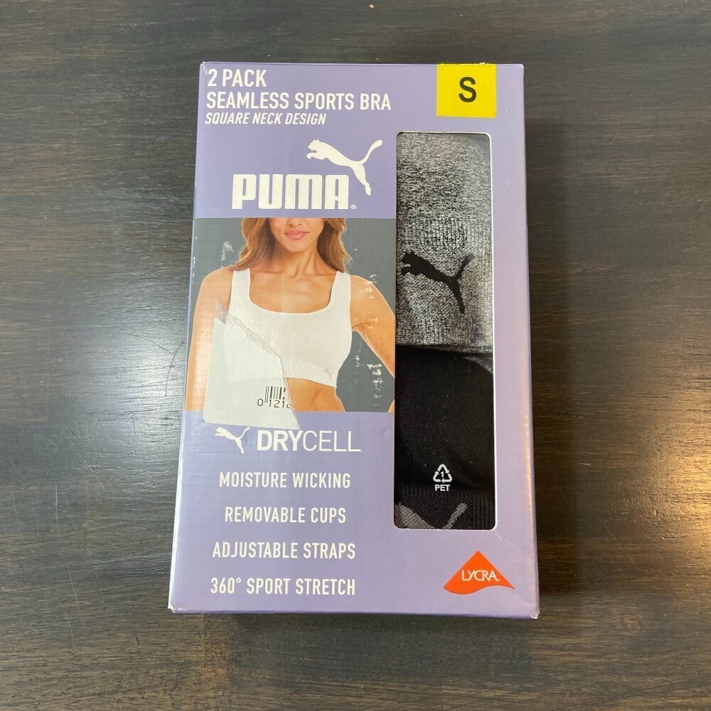 PUMA 2-Pack Seamless Sports Bras – Size Small – NIB – Black & Grey